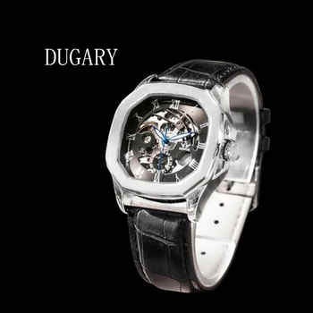 DUGARY Модерни автоматични механични мъжки часовника 39 мм водоустойчив светещи Tourbillion кухи квадратни Ръчни часовници с Кожена каишка
