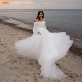 KA JUN Сватбена рокля в стил бохо с открити рамене и Пищните Ръкави Robe De Mariée Плажна Сватбена рокля Трапецовидна форма с отворен гръб От Тюл Vestidos De Noiva