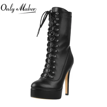 Onlymaker/ Ботильоны на платформата с шнур, обувки на висок ток-висок ток, матово Черни Обувки със страничен цип, дамски Обувки Голям Размер