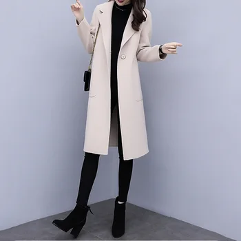 Вълнена Дамско Палто със Средна дължина, в корейски стил 2020 Пролет Есен Популярно Свободно Покривка Козината На една пуговице Дамско палто с джоб E224