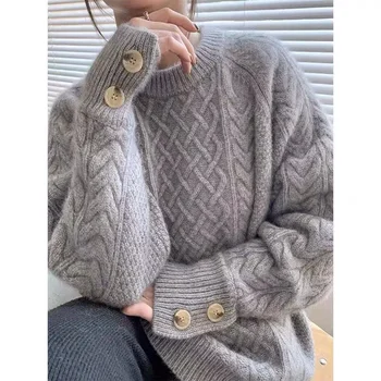 Есента и зимата 2022 пържено тесто обрат Пуловер дамски дрехи свободното си чувство мързелив вятър кръгъл отвор в долната част на ризи за жени