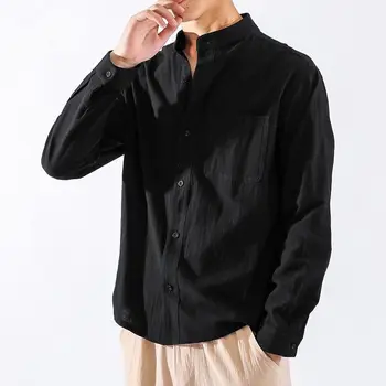 лятна нова памучен бельо мъжка риза с дълъг ръкав, мъжки риза в китайски стил, без монофонични мъжки ежедневни топ M-3XL