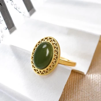 Оригинален дизайн, инкрустирани с естествен хотанским зелен нефрит, овална пръстен с регулируем отвор, китайски чар и свежи дамски бижута